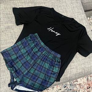 SHEIN Black and Green Plaid Pajama Set
